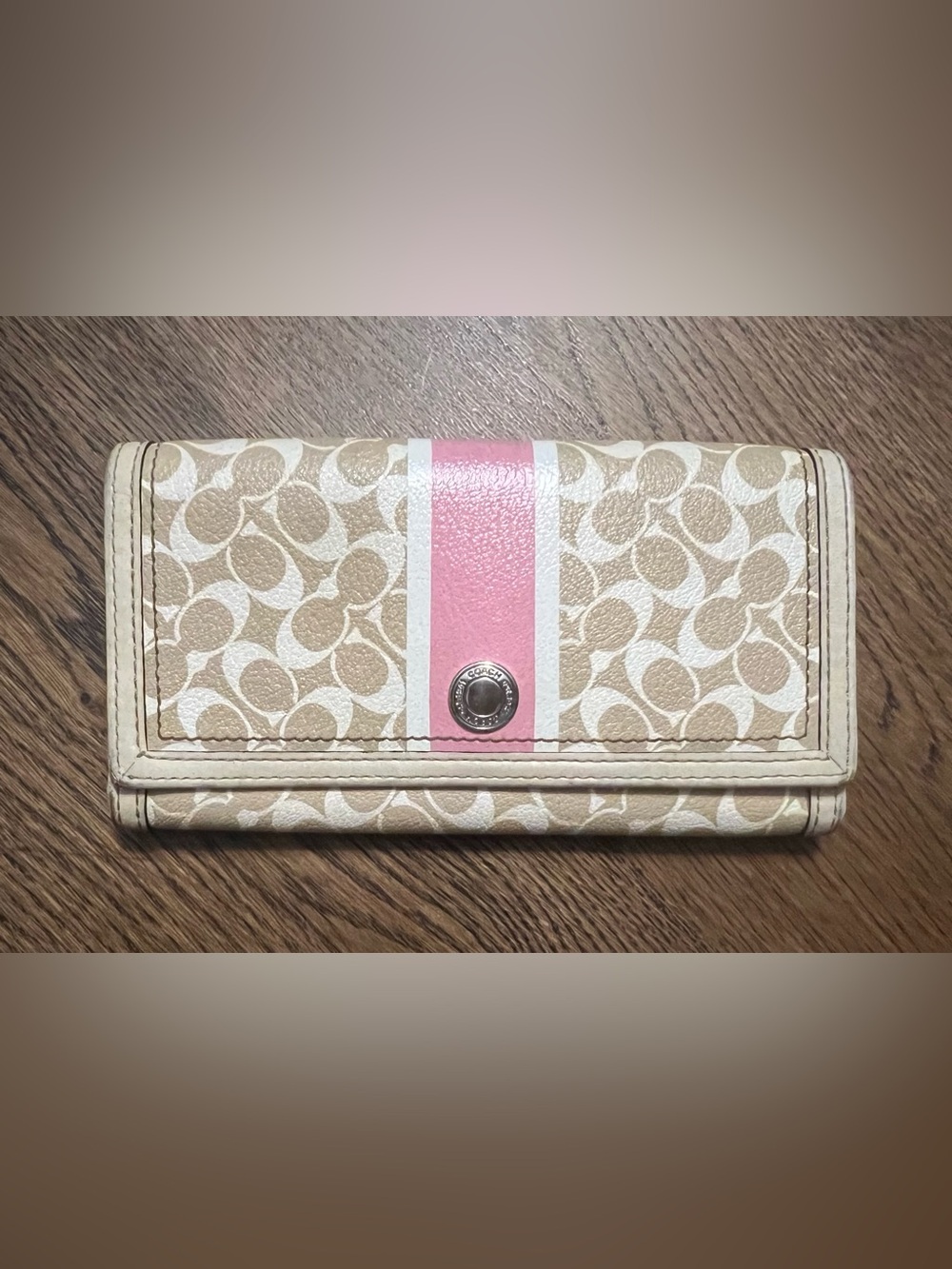 Coach Signature Trifold Leather Stripe Wallet Khaki Pink